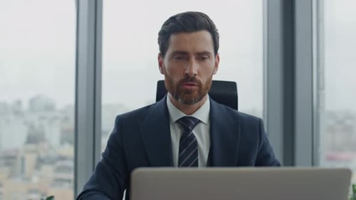 Businessman Talking Video Conference in Office Close Up