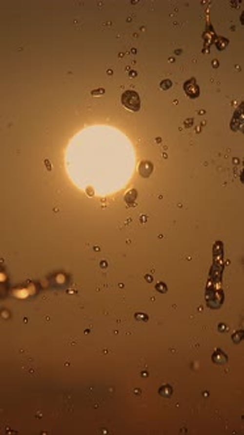 Water Droplets Reflecting Golden Sun at Sunset