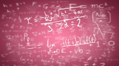 Digital animation of mathematical equations and symbols floating against pink background