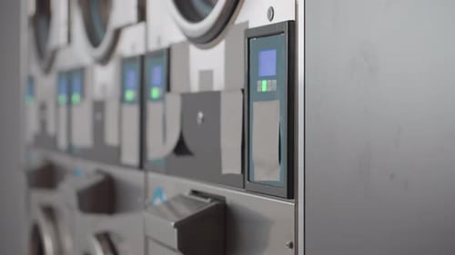 Industrial Laundry Machines Side Control Panels Stainless Row Close View