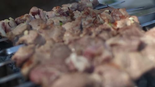 Rohes Fleisch auf dem Grill garen. Frische Fleischstücke, die am Spieß aufgefädelt sind. Kebab auf dem Grill zubereitet. Keks...