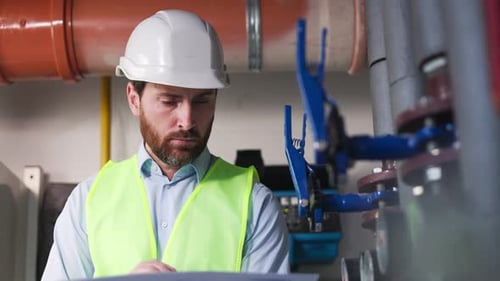 Engineer Reviews Blueprints in Industrial Setting