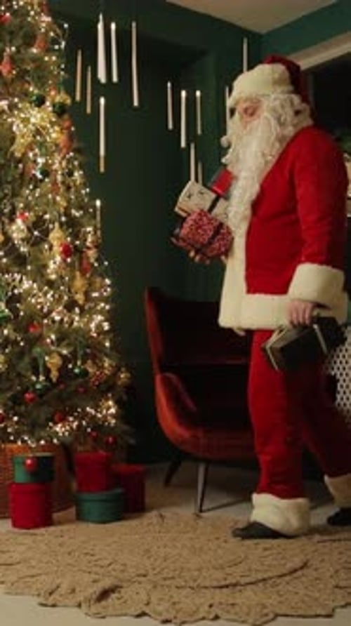 Santa Claus Placing Christmas Gifts Under Holiday Tree in Cozy Festive Home