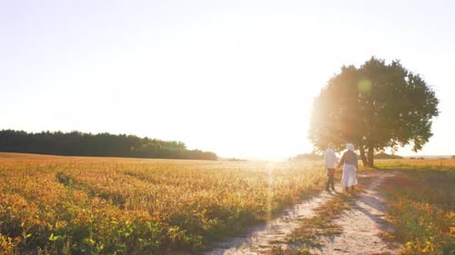 Couple adulte romantique d'un homme et d'une femme joyeux portant une robe tendre tenant leurs mains et marchant