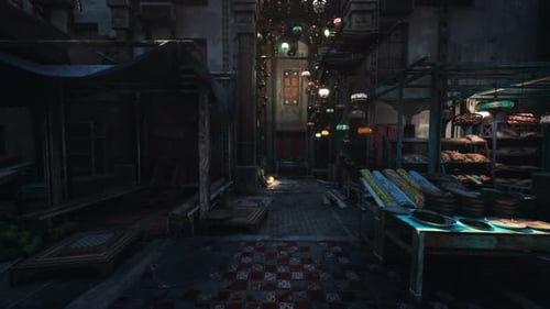 Scène d'allée sereine avec la lumière d'une lanterne se reflétant sur des pavés lisses