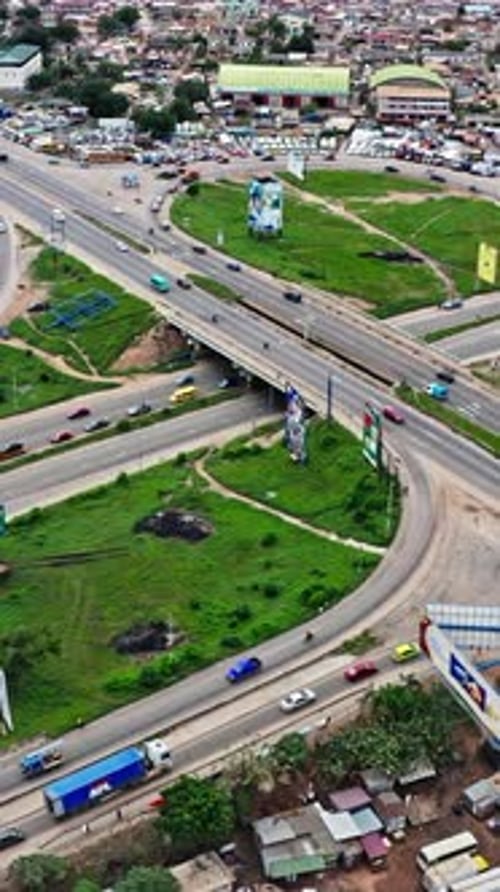 Aerial view of Accra traffic and urban landscape in Ghana
