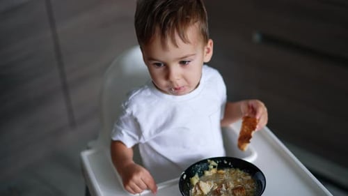 Lovely toddler sitting at high chair chewing his food. Baby boy nutrition at home. Top view.