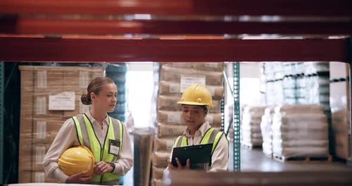 Woman, team and discussion with engineer for inventory inspection or storage on shelves