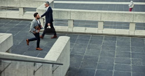 Running, man and briefcase for rushing in city with morning commute, hurry and late for appointment