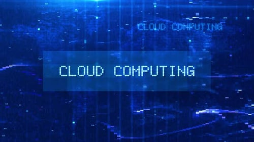 Cloud Computing Digital Text Animation over Futuristic World Map and HUD Effects