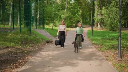 Female And Young Male Walking Their Dog Along Shady Trail An Adult Woman And Young Boy Share Moment