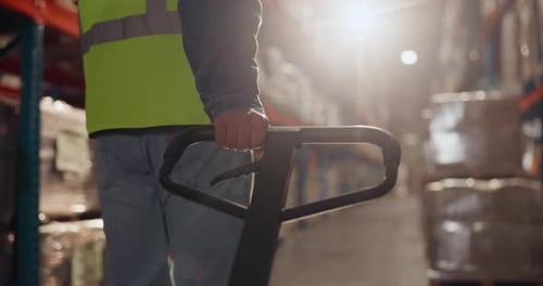 Logistics, boxes and person in warehouse with cart, storage management and shipping for export