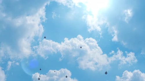 Fighter Jets Departing for Strike Mission, Drone View
