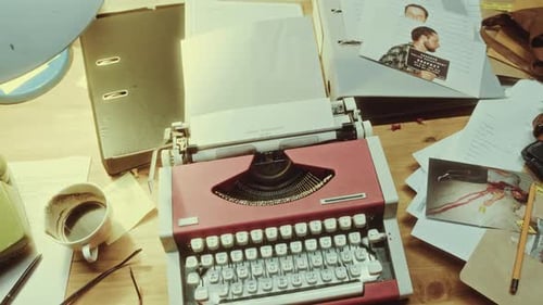 Crime Investigation Desk with Evidence and Vintage Typewriter