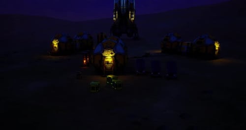 Futuristic Space Outpost with Flickering Lights on Alien Planet