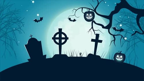 Spooky Halloween Graveyard Scene with Animated Bats and Pumpkins