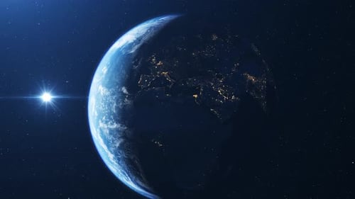 Rotating Planet Earth with Bright City Lights from Space