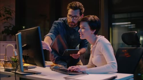 Caucasian Business Man Woman Coworkers Teamwork at Evening Night Office Girl Guy Working Together