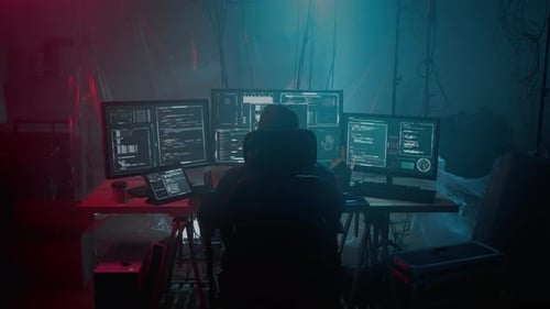 Hacker Using Pc for Cracking Server System at Hideout Space