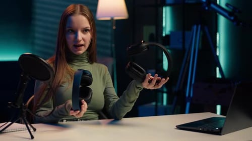 Gen Z Influencer in Home Studio Films Headphones Comparison Video