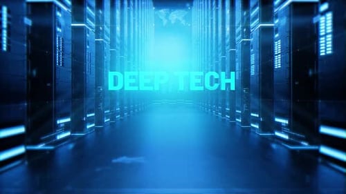 Deep Tech Words On Hologram Data Center Background