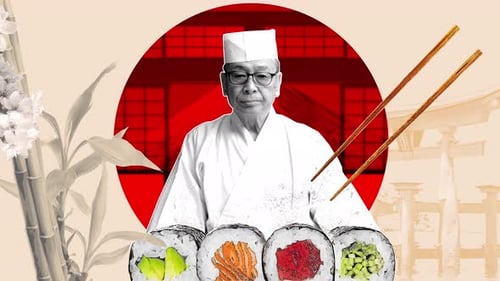 Japanese Travel Blog Stories 4k Stop Motion Animation In Graphic Design Collage Style. Sushi Chef...