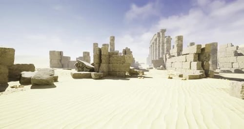 Ruins of Ancient Temple Surrounded By Sandy Landscape in Bright Sunlight