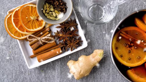 Mulled Wine Ingredients Still Life with Festive Snow