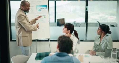 Man, presentation and charts on board with team at office meeting, talk