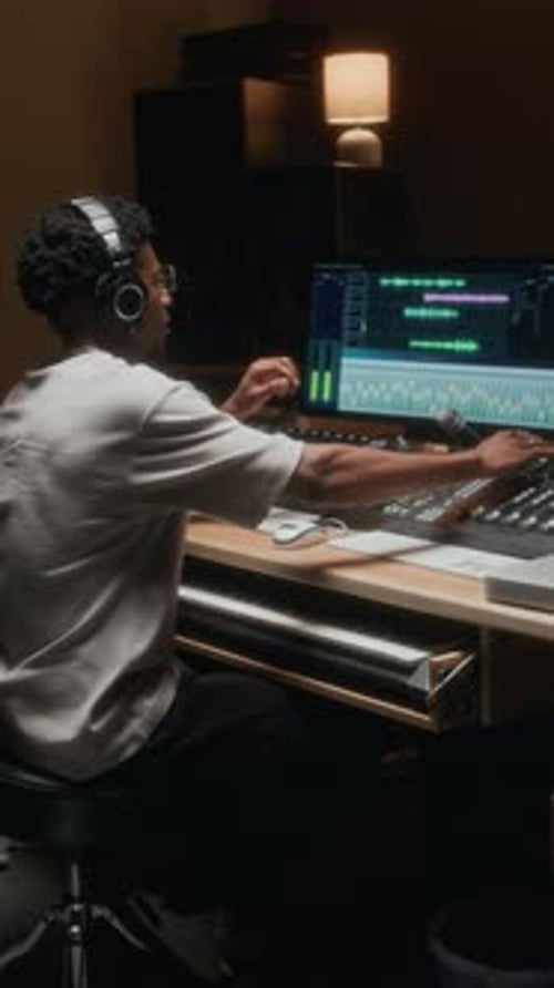 Black Music Producer in Recording Studio Vertical