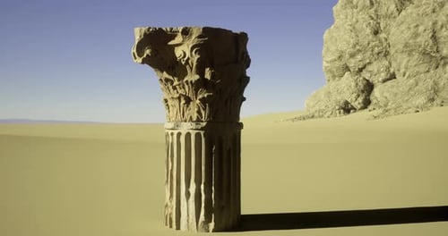 Ancient Column Stands Alone in Desert Landscape at Sunset