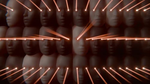 Abstract Grid of Faces with Luminous Eye Beams - AI, Data, and Connectivity Concept in seamless loop