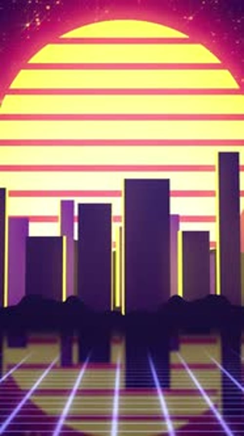 Retro 80s vaporwave aesthetic sunset. Road to a city skyline with a big sun moving behind. 1080x1920