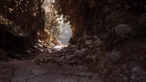 Secluded Cave Pathway with Archaeological Potential and Soft Illumination