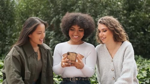 Three Friends Using a Mobile Together in a Park