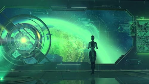 Une femme se tient devant une interface verte futuriste