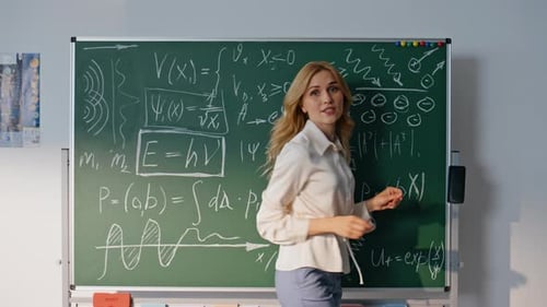 Woman Explaining Mathematical Formulas at Chalkboard