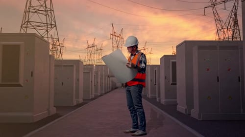 Side View Of Asian Male Engineer Looking At Blueprint In His Hands with High Voltage Power