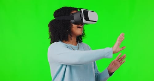 Girl on green screen with VR headset, metaverse or hand touch futuristic technology gaming