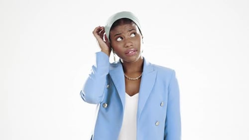 Black woman, thinking and confusion of a young female with isolated white background