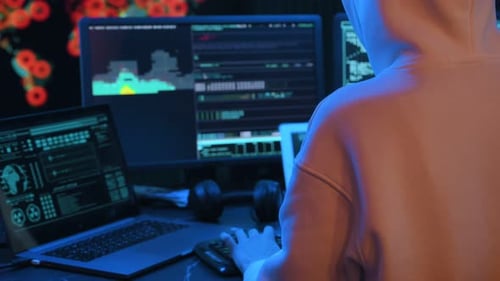 Les informations clignotent à l'écran. Une jeune femme hacker professionnelle est à l'intérieur par ordinateur