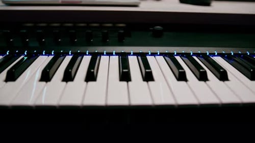 Tasten eines professionellen Musikinstrumentensynthesizers im Aufnahmestudio, Lied, Hobbymusik, Nahaufnahme