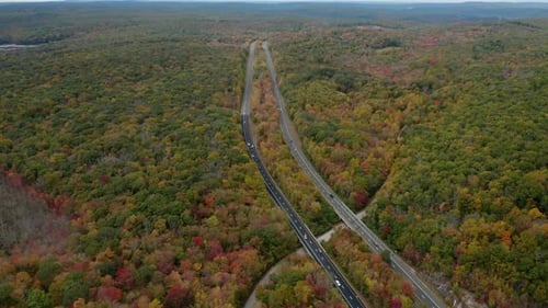 Aerial view of vehicles driving on the highway in the United States.