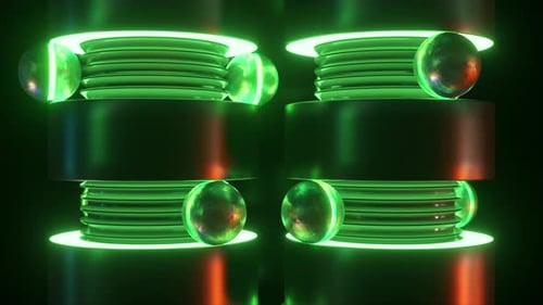 Estruturas de néon brilhantes com esferas reflexivas em um cenário de animação 3D sombrio e enigmático