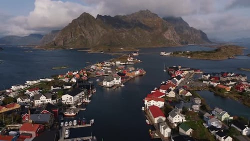 Picturesque Island Town Surrounded by Mountains and Water