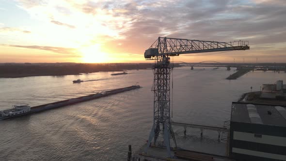 Beautiful sunset view of a small container terminal with birds landing ...