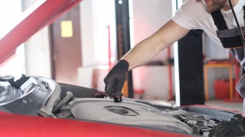 Checking the Car Engine Car Mechanic Looking at the Oil Level