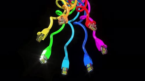Rainbow Color Internet Connectors Rj45 Cables on Black Bg Able to Loop Endless