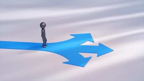 Metallic Mannequin Character Walking on a Blue Path That Divides Into Three Arrows Pointing in
