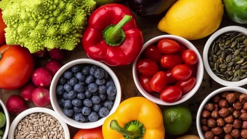 Assortment of Fresh Fruits and Vegetables Flat Lay